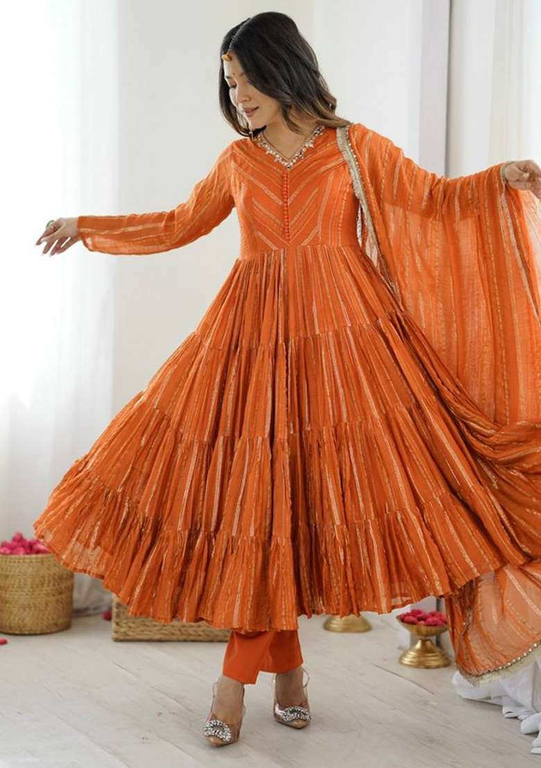Orange Striped Chanderi Anarkali Set - Indya