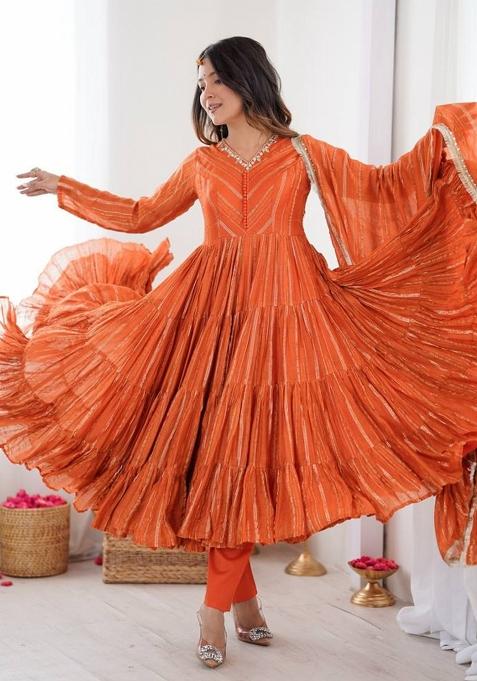 Orange Mirror Work Mal Chanderi Ruffle Gown