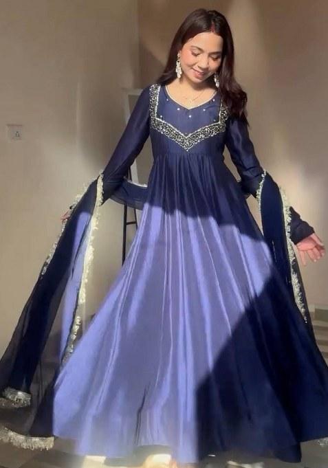 Navy Blue Embroidery Georgette Gown