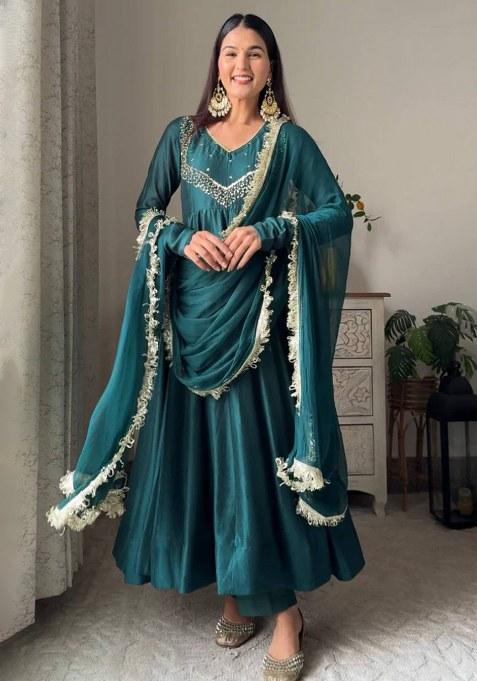 Teal Embroidery Georgette Gown