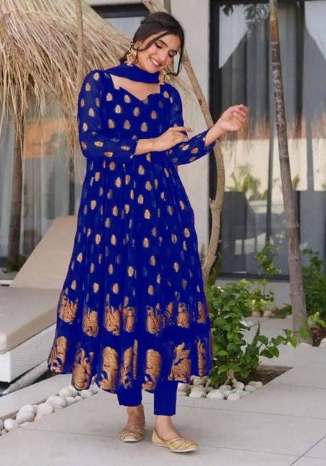 Royal Blue Embroidery Georgette Gown