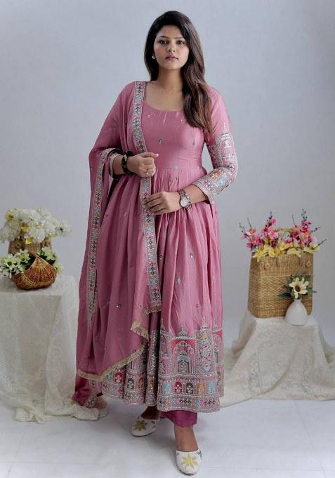 Pink Embroidery Chinon Gown