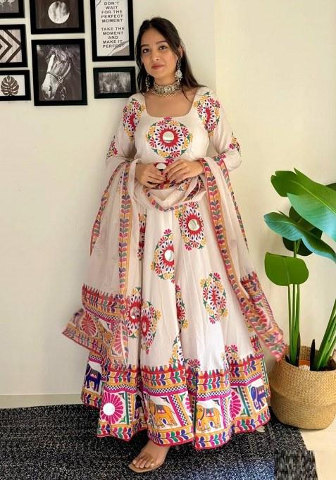 White Printed Silk Gown