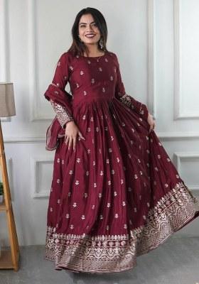 Maroon Embroidery Chinon Gown