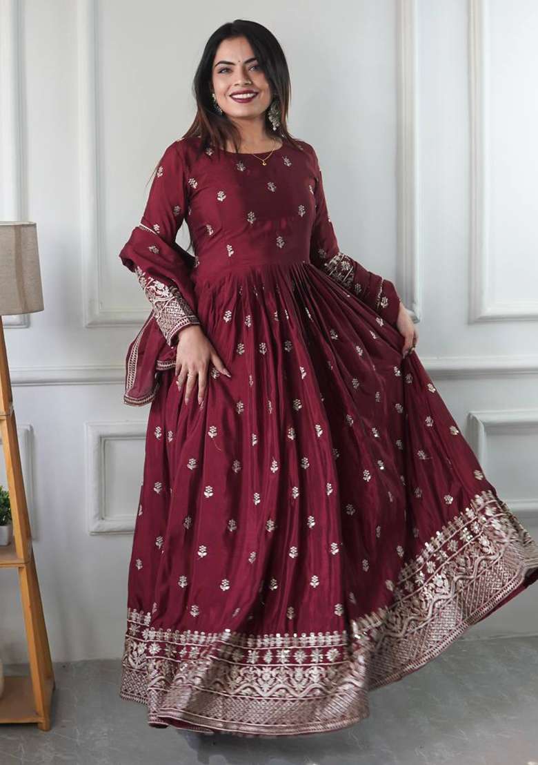 Maroon Embroidery Chinon Gown - Indya