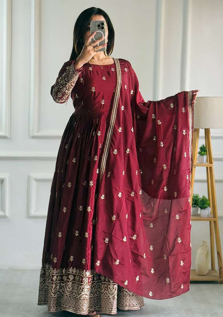 Maroon Embroidery Chinon Gown - Indya