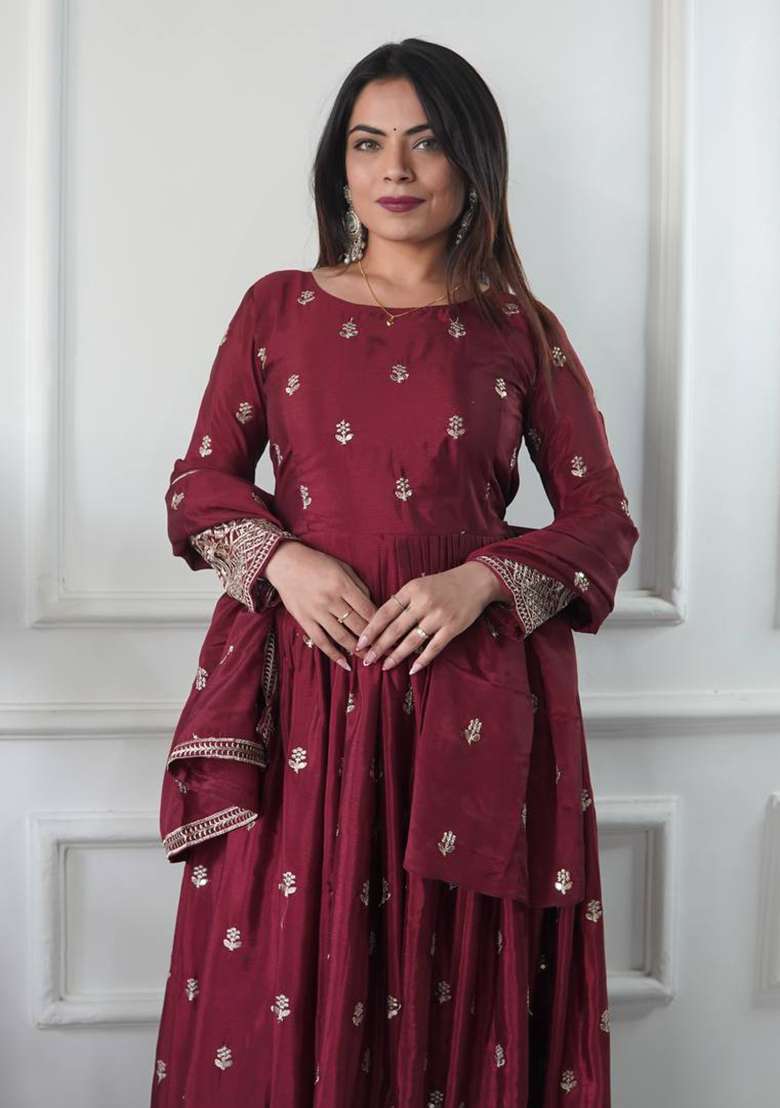 Maroon Embroidery Chinon Gown - Indya