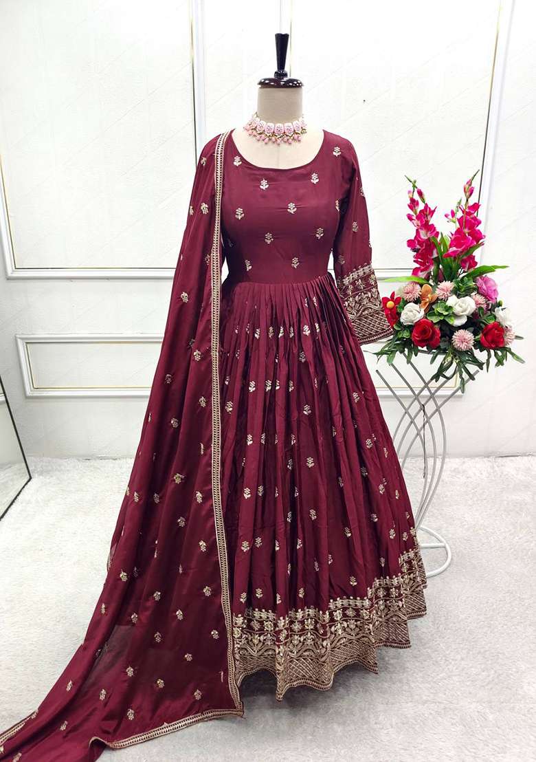 Maroon Embroidery Chinon Gown - Indya