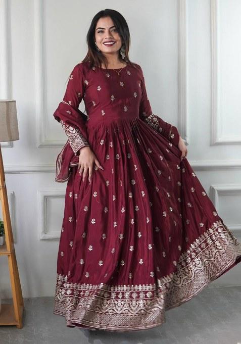 Maroon Embroidery Chinon Gown