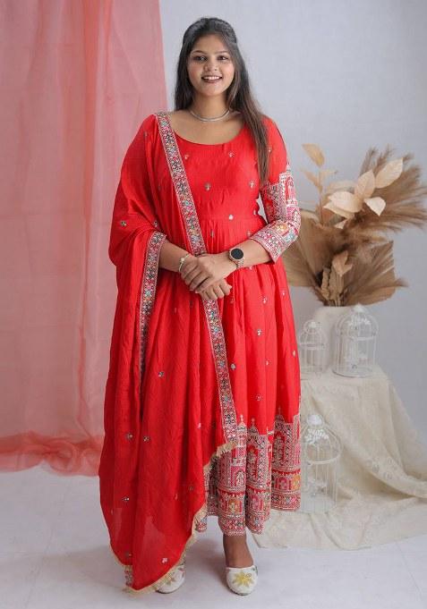 Red Embroidery Chinon Gown