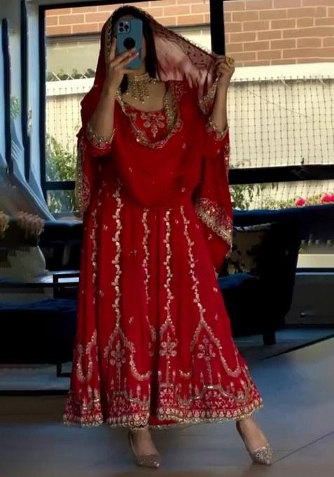 Red Embroidery Crepe Gown