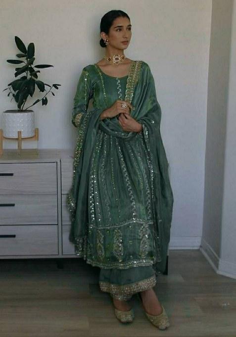 Dark Mint Embroidery Crepe Gown