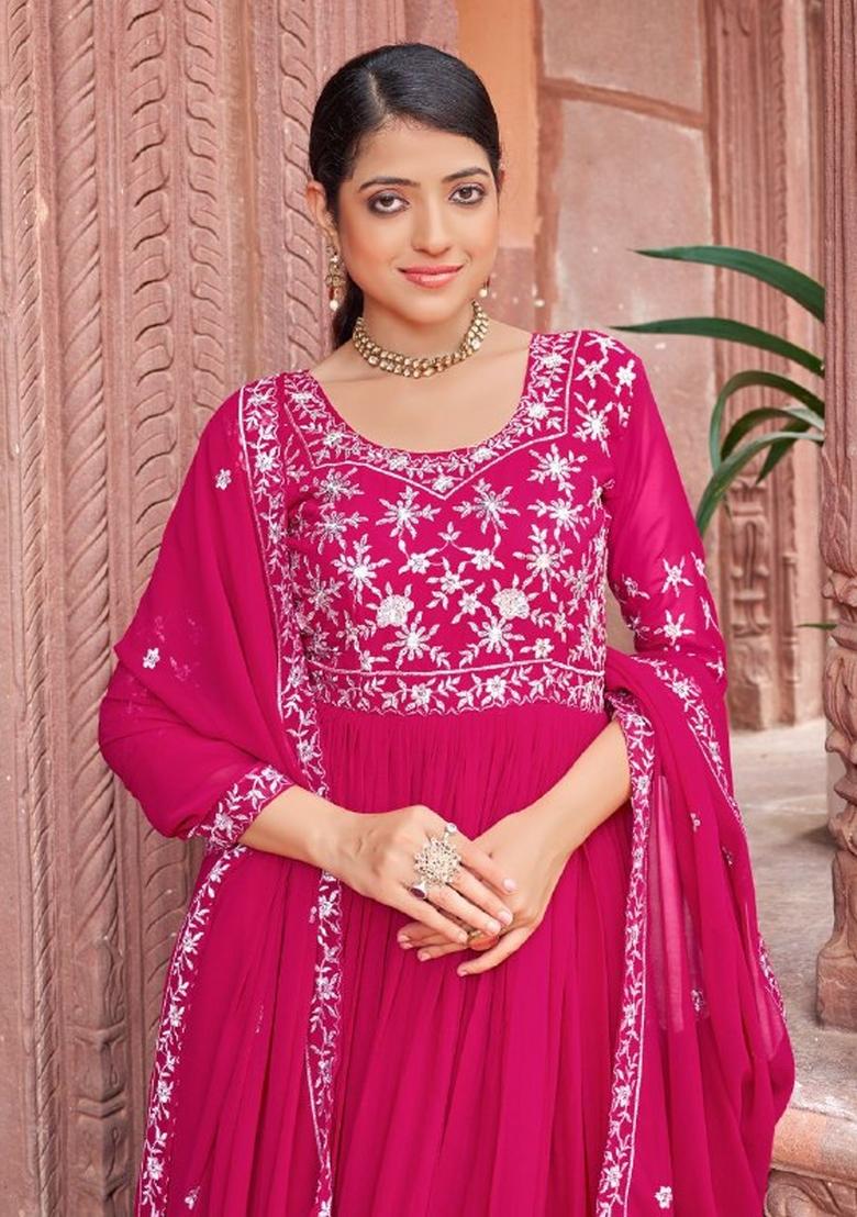 Rani Pink Sequnce Emroidery Work Georgette Dress - Indya