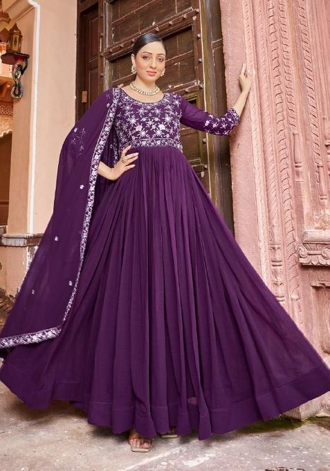 Purple Sequnce Emroidery Work Georgette Dress