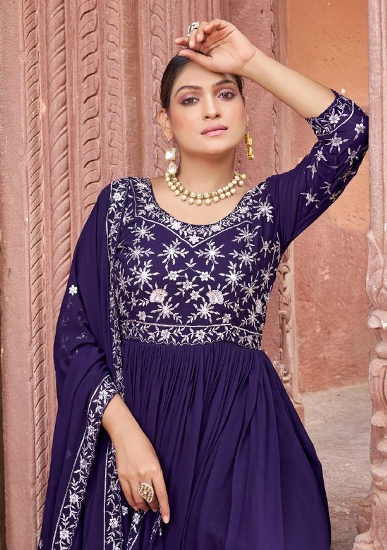 Wine Sequnce Emroidery Work Georgette Dress - Indya