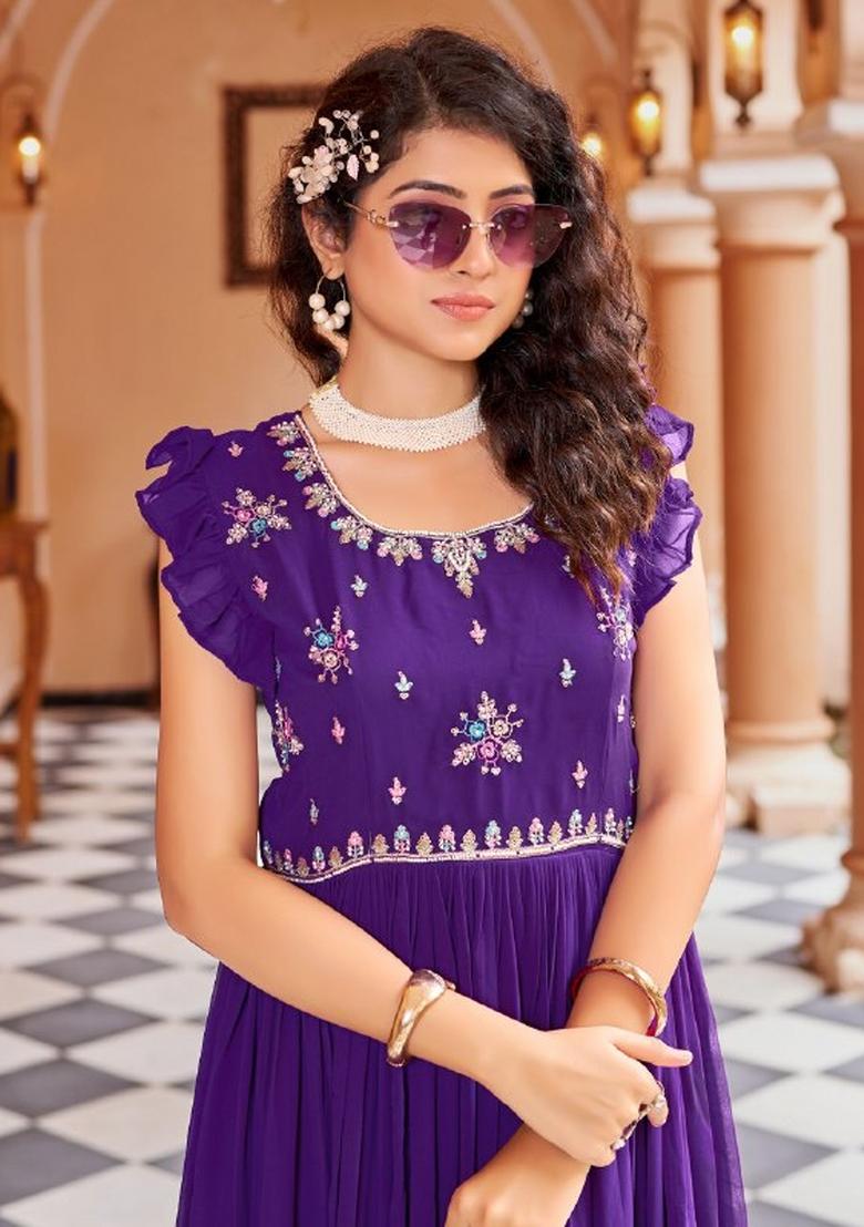 Purple Sequnce Emroidery Work Georgette Dress - Indya