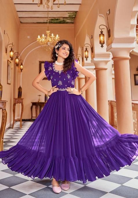 Purple Sequnce Emroidery Work Georgette Dress