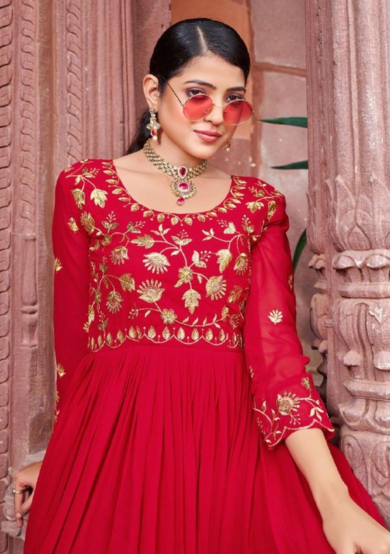 Maroon Sequnce Emroidery Work Georgette Dress - Indya