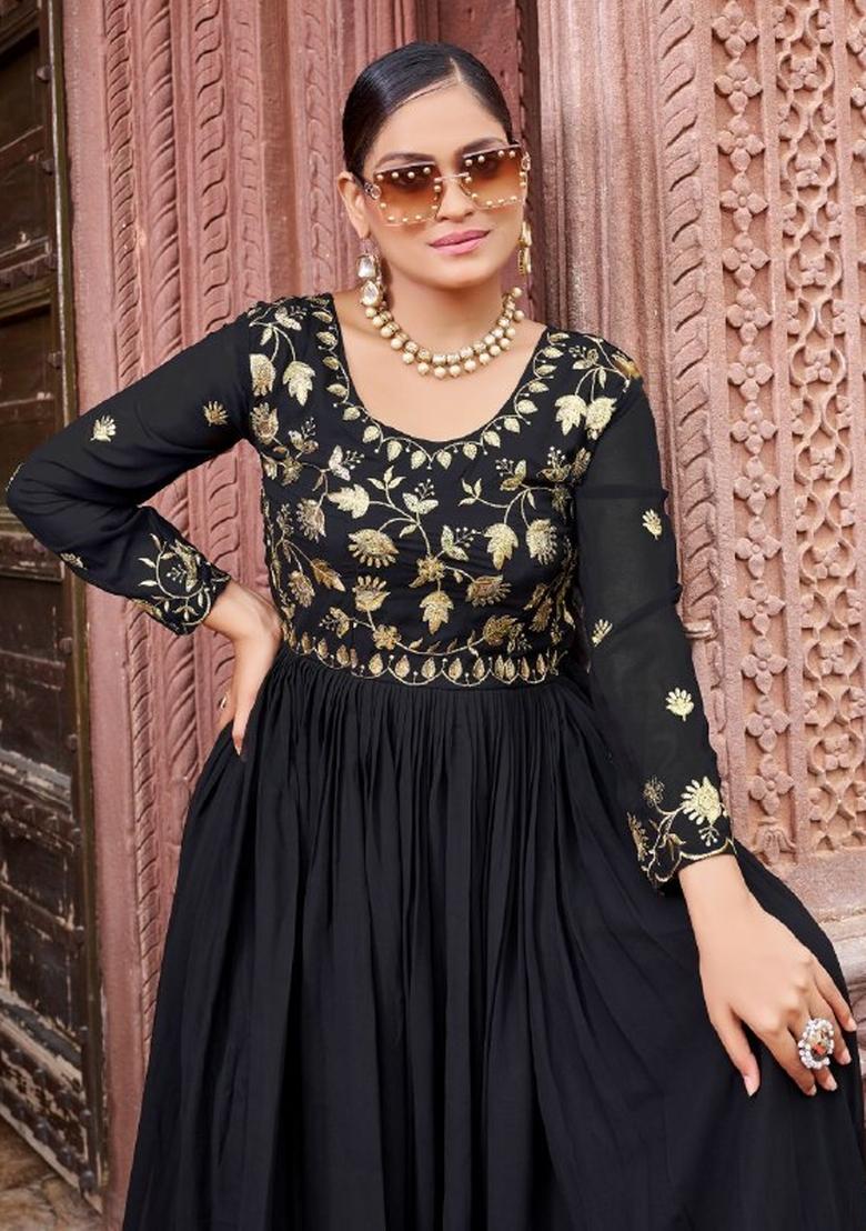 Black Sequnce Emroidery Work Georgette Dress - Indya