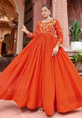 Rust Sequnce Emroidery Work Georgette Dress