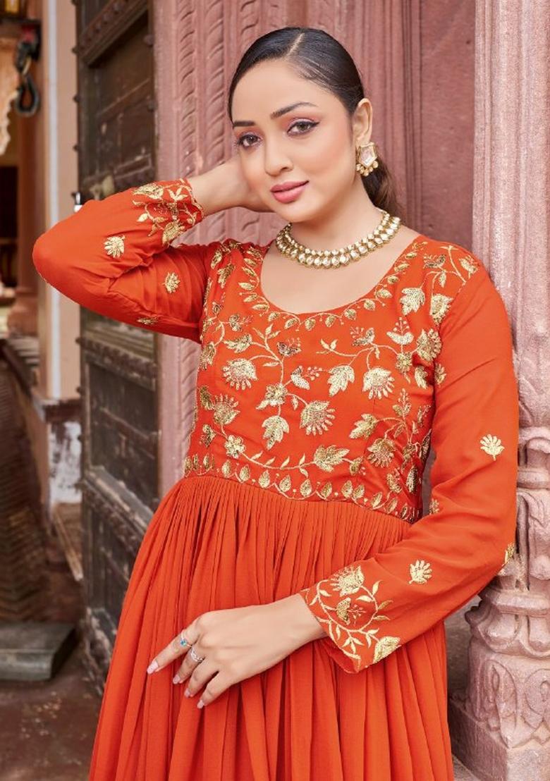 Rust Sequnce Emroidery Work Georgette Dress - Indya