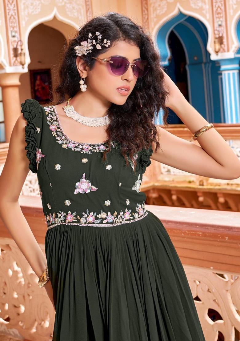 Mehendi Sequnce Emroidery Work Georgette Dress - Indya