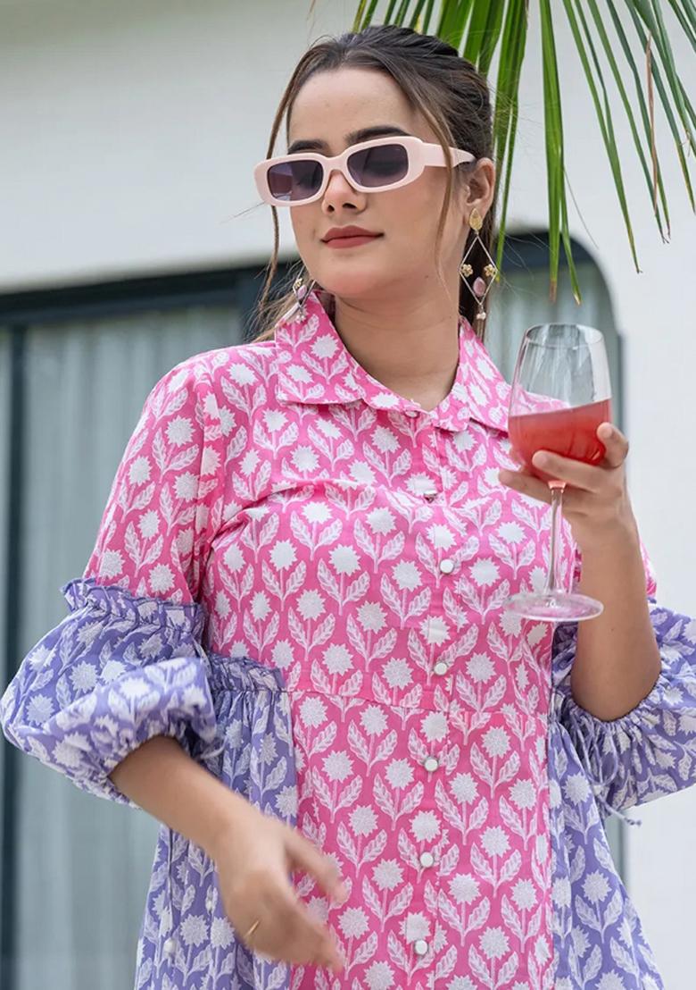 Pink Color Block Cotton Dress - Indya