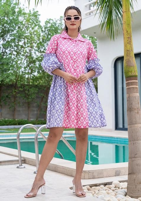Pink Color Block Cotton Dress
