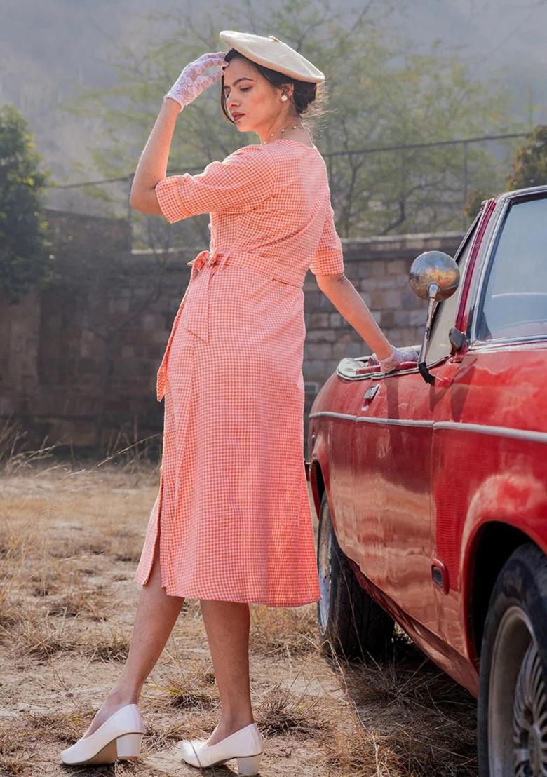 Orange Motif Cotton Dress - Indya