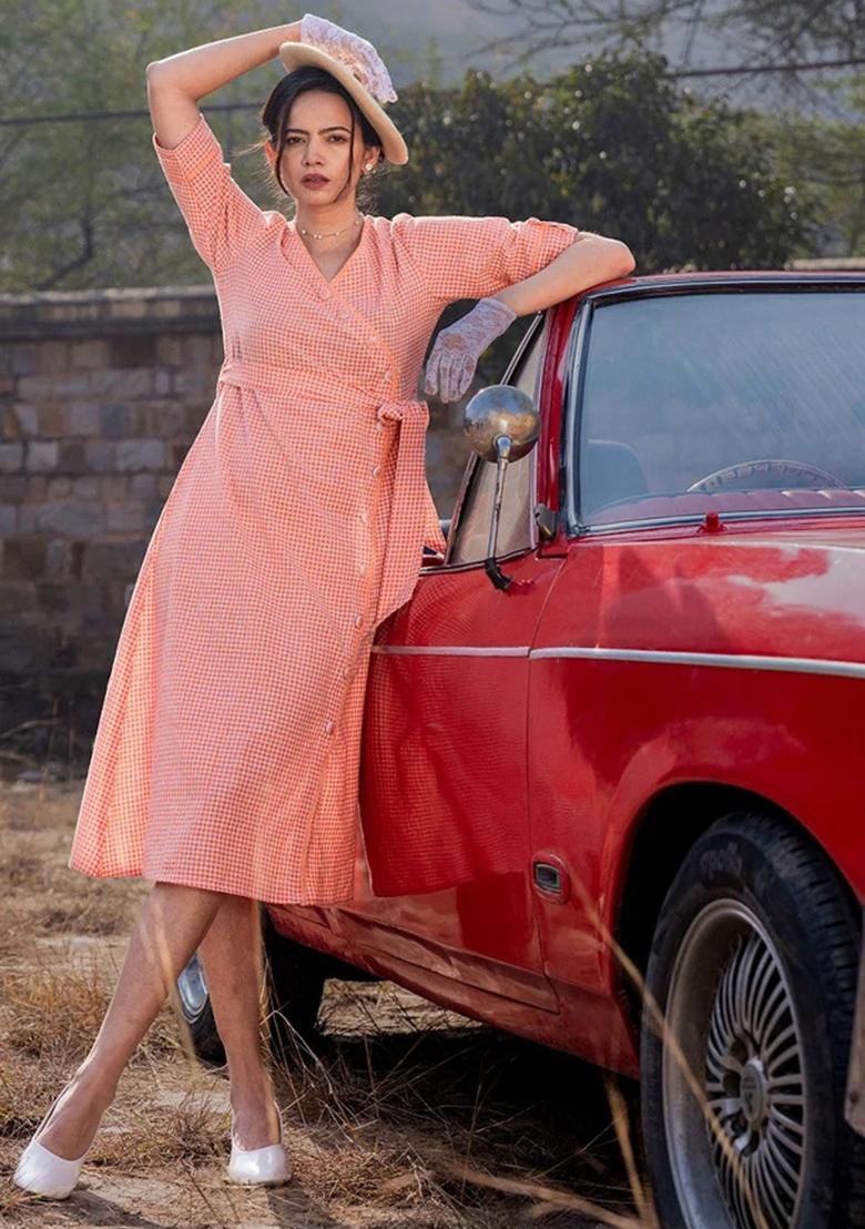 Orange Motif Cotton Dress - Indya