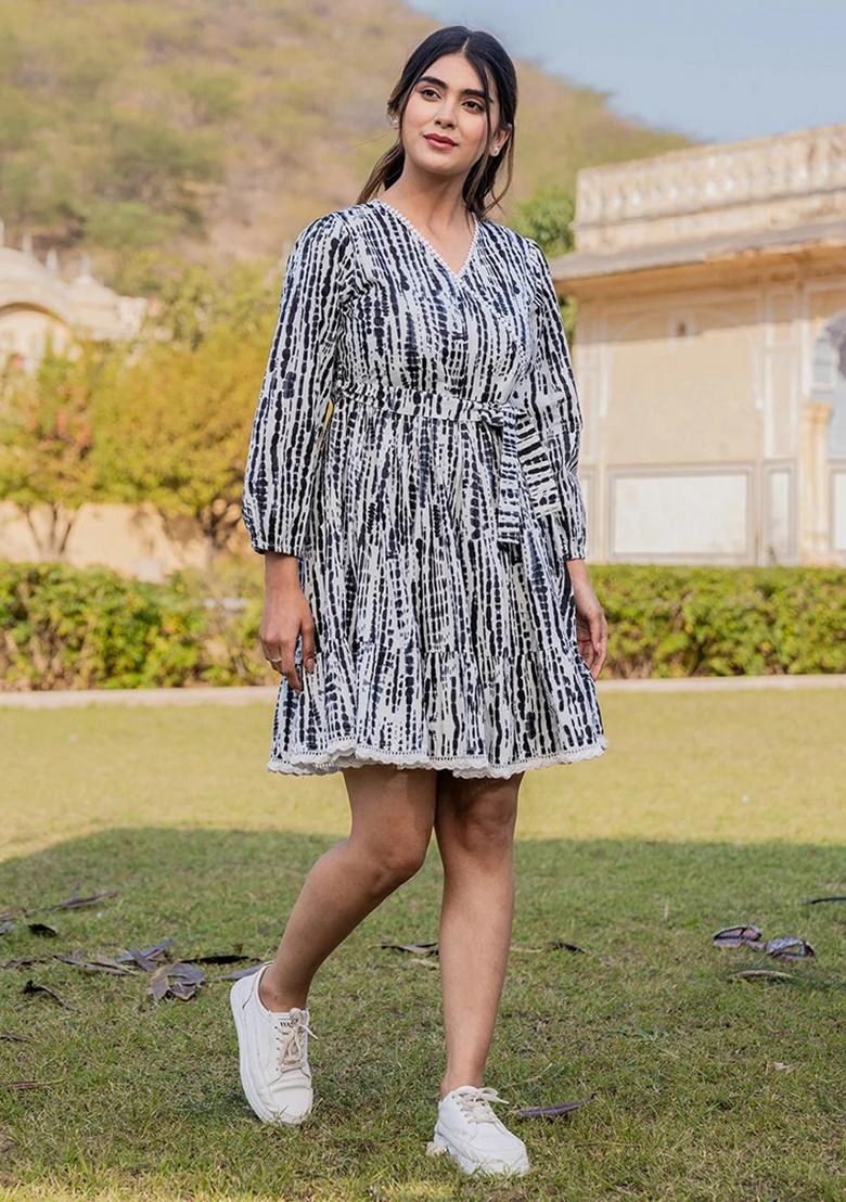 Black Motif Cotton Dress - Indya