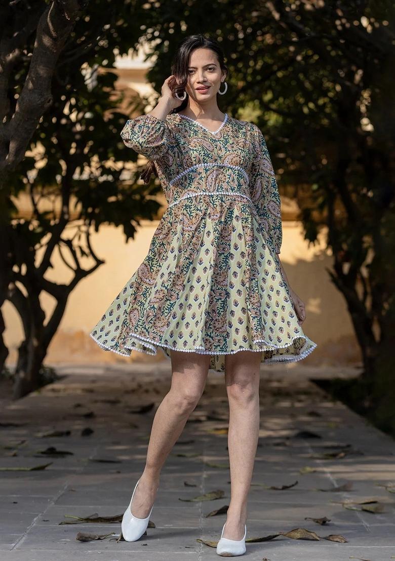 Green Motif Cotton Dress - Indya