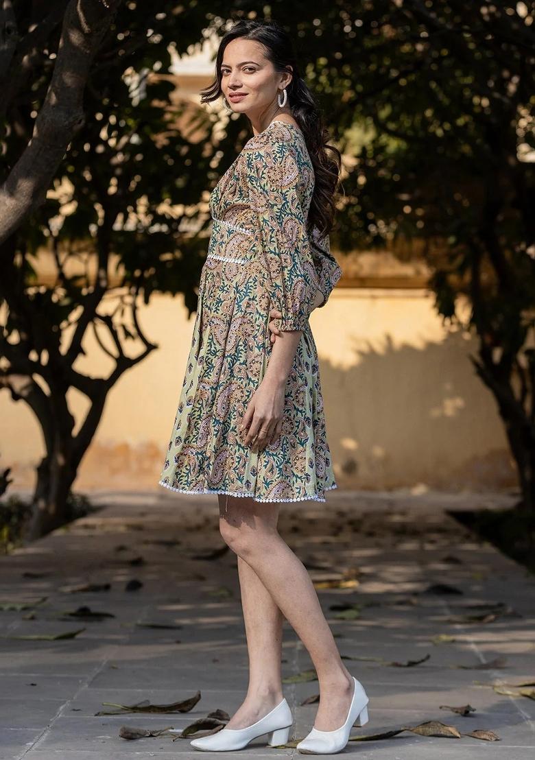 Green Motif Cotton Dress - Indya