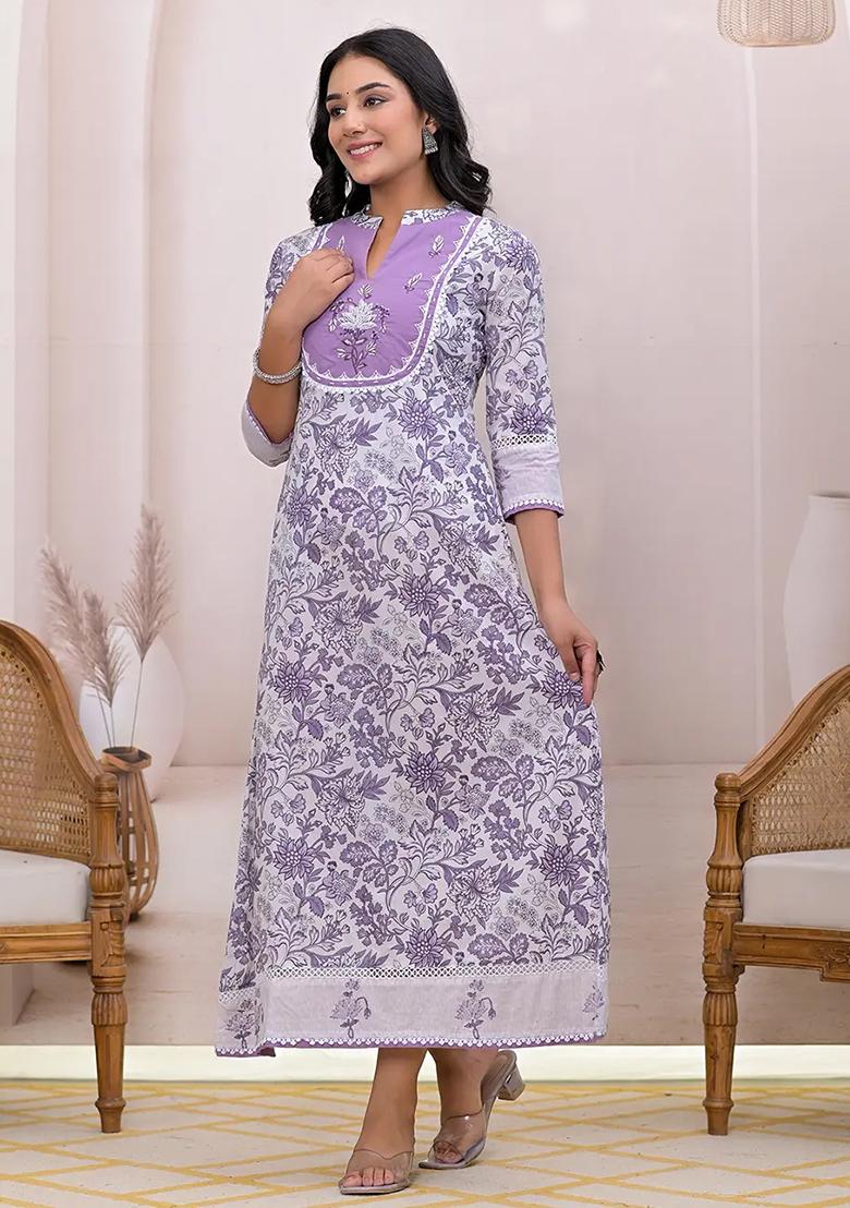 Purple Embroidered Cotton Dress - Indya