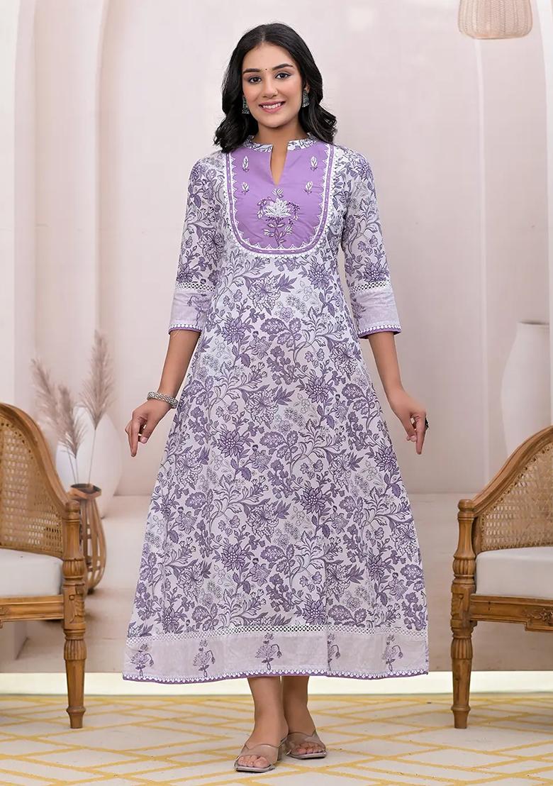 Purple Embroidered Cotton Dress - Indya