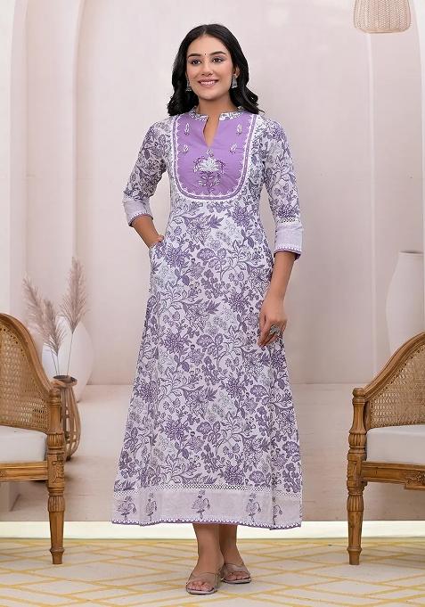 Purple Embroidered Cotton Dress