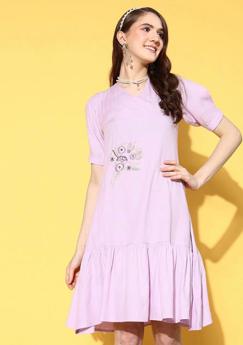 Lavender Floral Print Viscose Rayon Dress - Indya