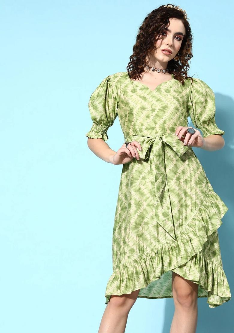 Green Motif Chanderi Silk Dress - Indya