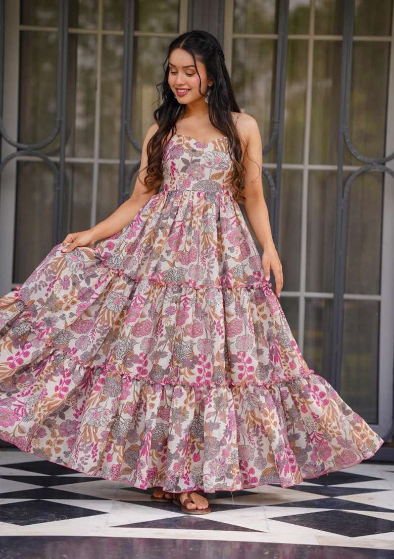 Multi Floral Print Rayon Gown Set - Indya