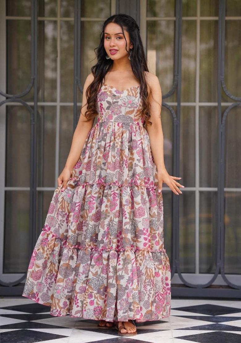 Multi Printed Poly Rayon Gown - Indya