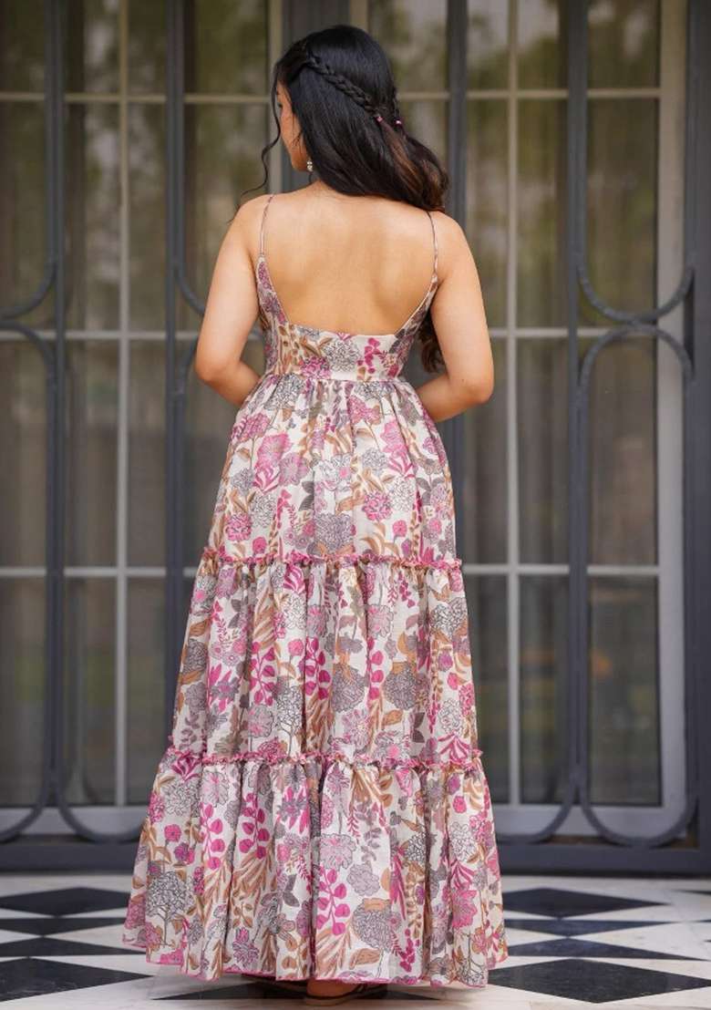 Multi Floral Print Rayon Gown Set - Indya
