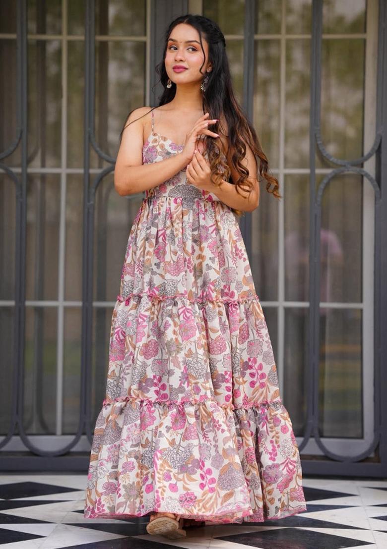 Multi Printed Poly Rayon Gown - Indya