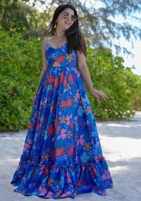 Blue Printed Poly Rayon Gown