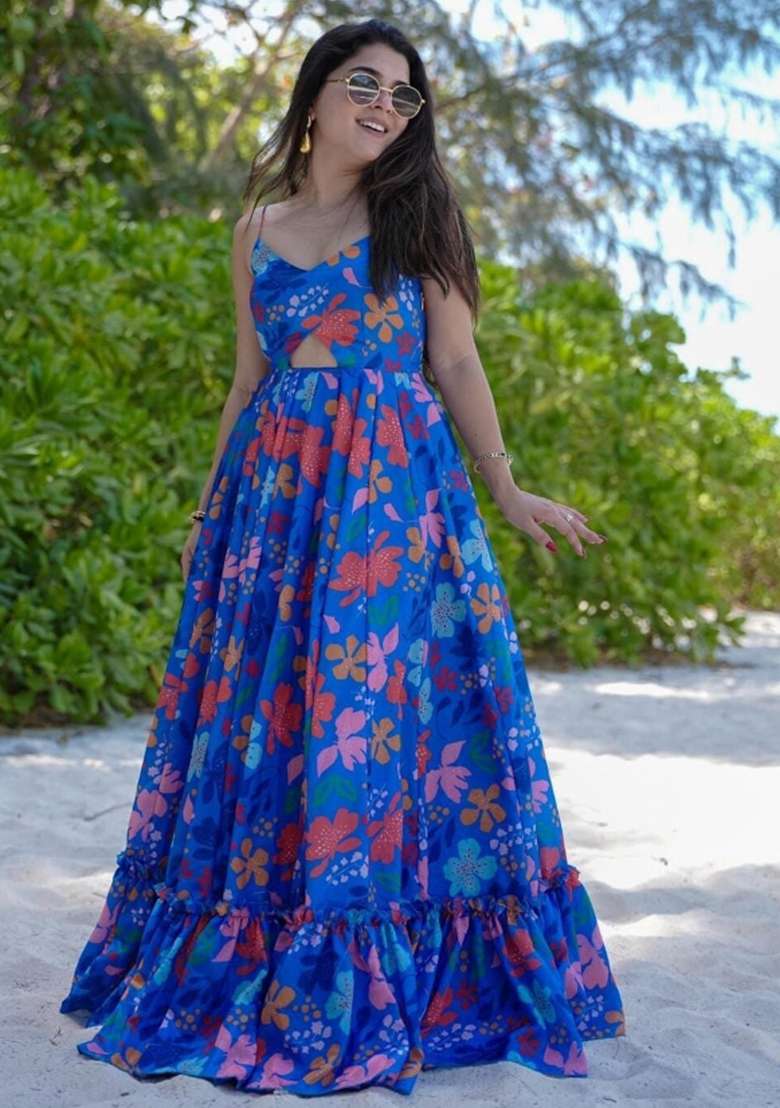 Blue Floral Print Rayon Gown Set - Indya