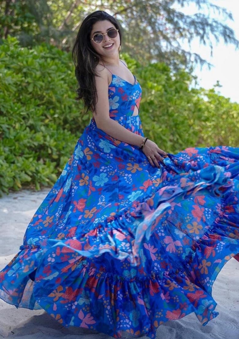 Blue Printed Poly Rayon Gown - Indya