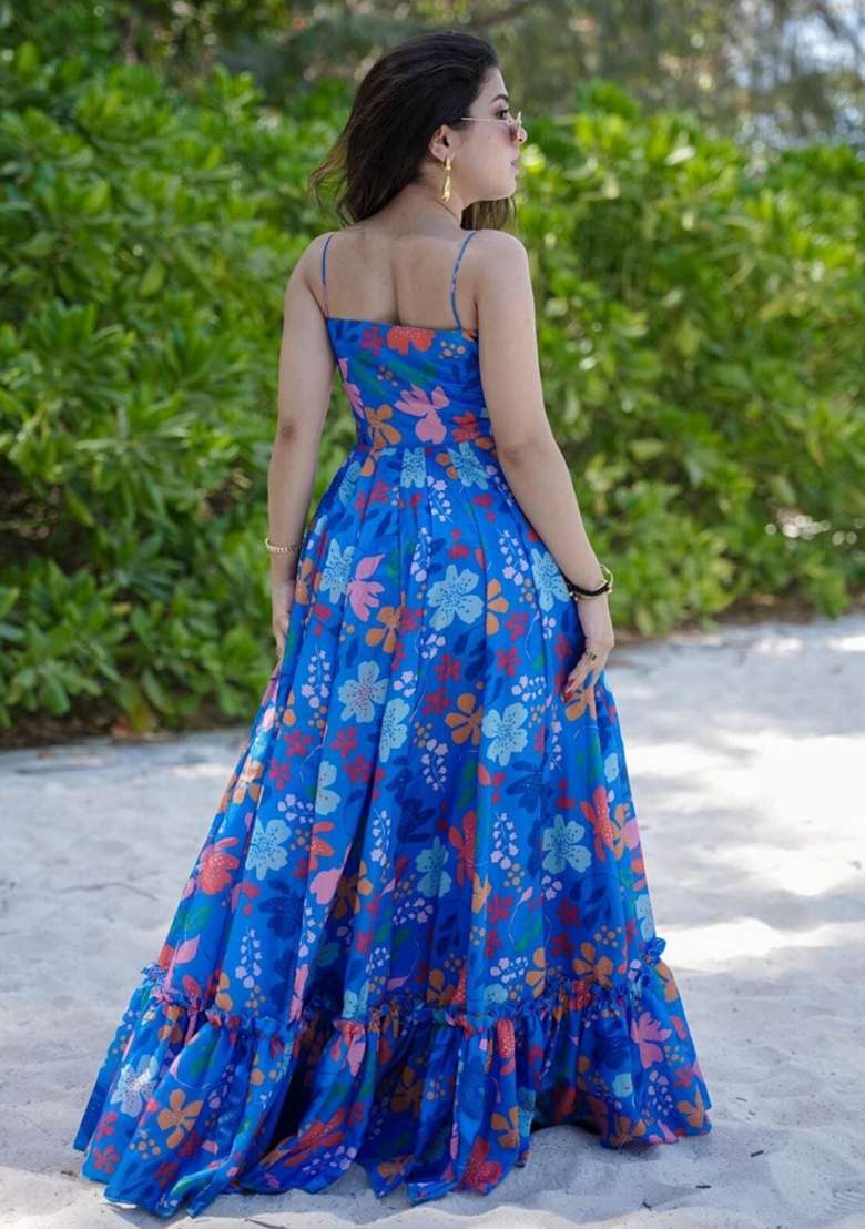 Blue Floral Print Rayon Gown Set - Indya