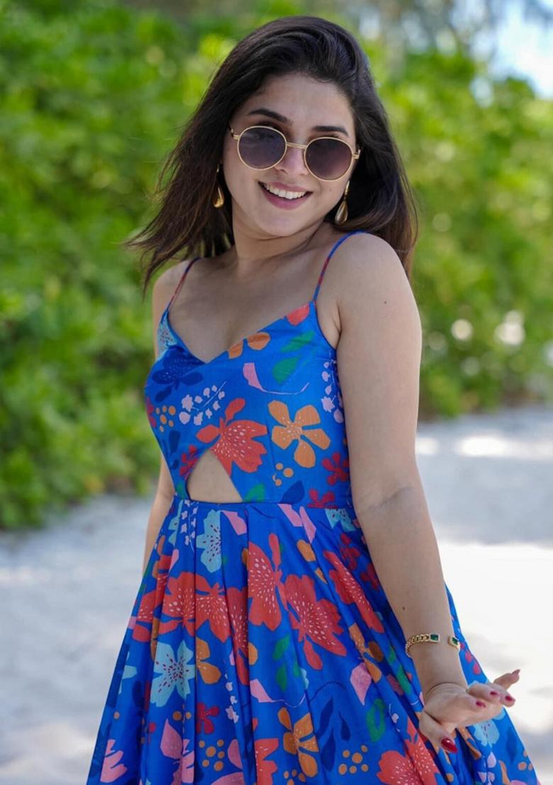 Blue Printed Poly Rayon Gown - Indya