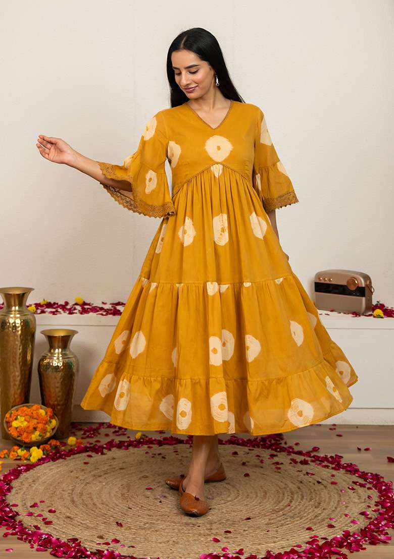Mustard Yellow Tie And Dye Cotton Kurta - Indya