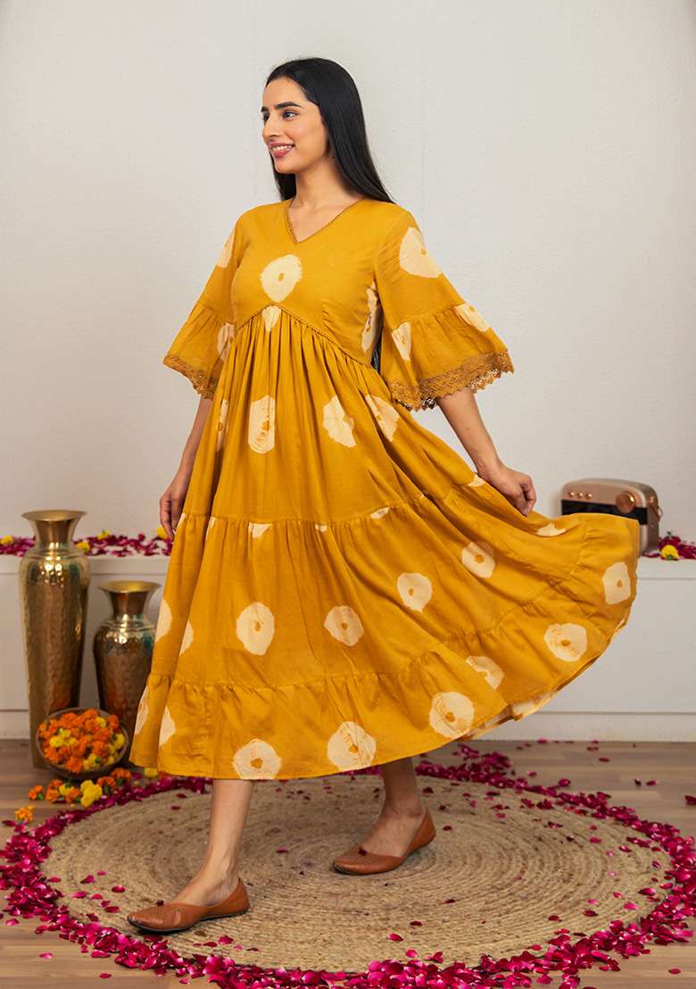 Mustard Yellow Tie And Dye Cotton Kurta - Indya