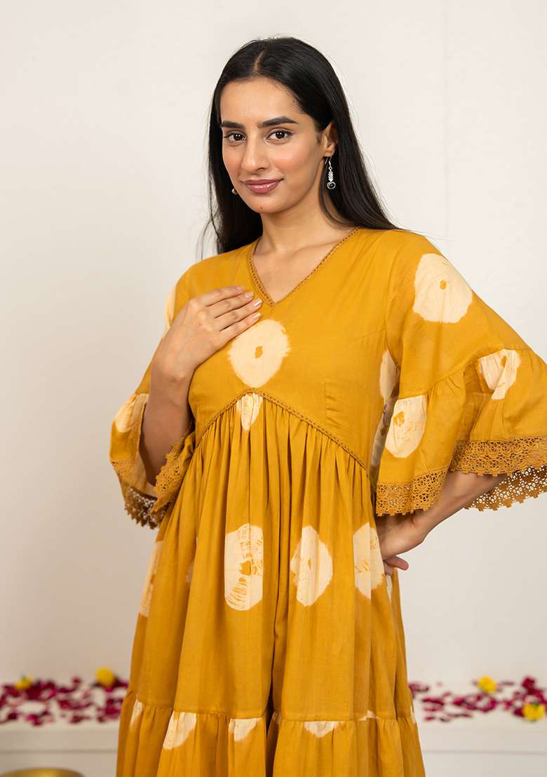 Mustard Yellow Tie And Dye Cotton Kurta - Indya